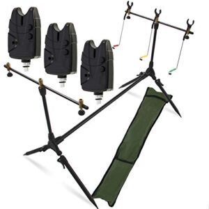 Das G8DS Set Rod Pod Rutenhalter + Tragetasche inklusive 3 Bissanzeiger mit Lautstärke- und Tonregler ist das ultimative Werkzeug für jeden ambitionierten Karpfen-Angler. Mit diesem Set erhalten Sie alles, was Sie benötigen, um Ihre Fänge zu verbessern.