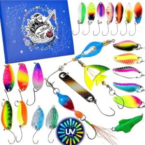 Angler-Adventskalender für Männer und Frauen mit 24 kunstvollen Figuren, Blinkern, Spoons und Forellenködern.