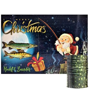Ein Weihnachtswerbung eines Adventskalenders für Angler mit verschiedenen Zielfischen, einschließlich Hecht, Zander, Forelle und Barsch. Der Kalender enthält 24 Überraschungen, darunter Markenware von verschiedenen Herstellern.