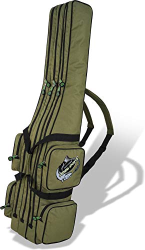 Angelrutentasche für Ruten mit 2, 3 oder 4 Fächern und verschiedenen Längen - wasserabweisender Fishing Rucksack dunkelgrün, 160 cm groß