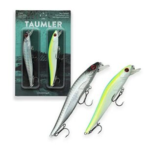 Zander Wobbler zum Zandervon, flachlaufend, 2 Stück, TAUMLER von Zanderfang - 11cm - 14,5g - Silber-Schwarz + Neon-Grün
