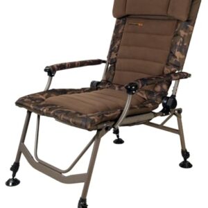 Fox Super Deluxe Recliner Chair Angelstuhl zum Karpfenangeln, Stuhl zum Ansitzangeln für Angler, bequemer Sitz mit neigungsverstellbarer Rückenlehne und Camouflage-Design