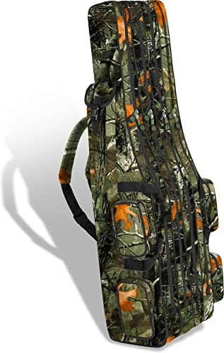 Ergonomische Angelrutentasche mit 4 Rutenfächern für bis zu 8 Ruten, Angeltasche mit Kescher und Rutenhalter, Rutenfutteral, 125cm - 190cm, Autumn Camo Farbe