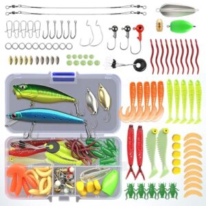 Ein umfangreiches Set mit 100 verschiedenen Angelfischködern und -zubehör für verschiedene Fischarten in Süß- und Salzwasser, ideal für Anfänger und Fortgeschrittene.