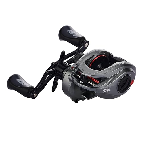 Abu Garcia MAX Low Profile Rolle, Baitcaster Angelrolle für Raubfischangeln, Grey/Red