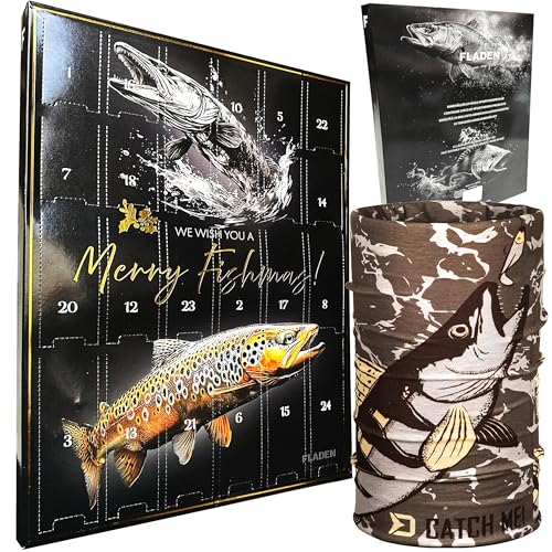 FLADEN Fishing Premium Raubfisch Angler Adventskalender - Köder Angelset Weihnachtskalender Advents Geschenk Kalender + Multifunktions Tuch im Raubfisch Design