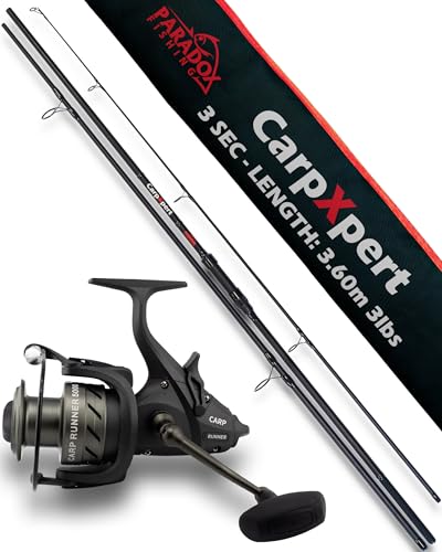 Karpfenangel, Karpfenrute, Paradox Fishing CarpXpert 12ft 3,60m 3 LBS 3-teilig mit 5000 Carp Runner Karpfenrolle - hochwertige Angel für Profis und Anfänger