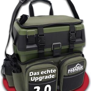 Multifunktioneller Angelkoffer mit Sitz, Rucksack und Stauraum für Angelzubehör und Werkzeuge in Schwarz/Grün