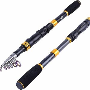 Sougayilang Teleskop Angelrute, 24 Ton Kohlefaser Angelstange mit CNC Reel Seat, tragbare einziehbare Griff, Edelstahlführungen für Bass Lachs Forellen Angeln, 2.1M