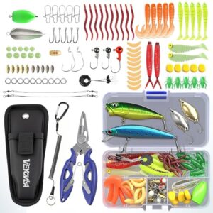 Ergänztes Angelköder-Set mit 103 hochwertigen Ködern, transparenter Werkzeugbox und verschiedenen Angelzangen, Haken und Jigheads für Süßwasser- und Salzwasseraufenthalte.
