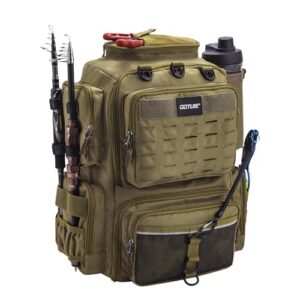 Goture Angelrucksack mit 73-Liter Fassungsvermögen, zwei Rutenhaltern und Regenschutz. Wasserdichter 600D Oxford-Gewebe-Rucksack für angel- und wasserbedarf.