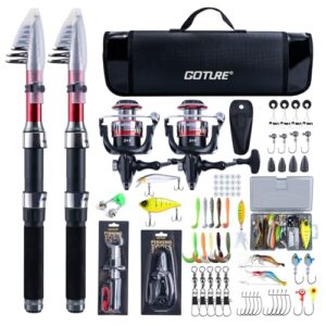 Goture Angelset mit 2 Teleskop-Angelruten, 2,1m Angelrute Set Komplett, Spinnrolle, Angelzange, Köderbox & Tragetasche für Salz-/Süßwasser und Reisen