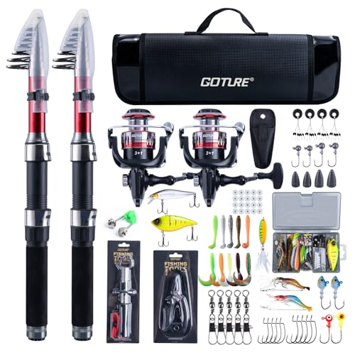 Goture Angelset mit 2 Teleskop-Angelruten, 2,1m Angelrute Set Komplett, Spinnrolle, Angelzange, Köderbox & Tragetasche für Salz-/Süßwasser und Reisen