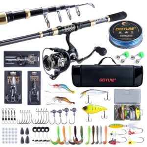 Goture Angelset mit Teleskop-Angelruten (24T Carbon), 2,7m Angelrute Set Komplett 5.2:1 Spinnrolle, 150m/14kg Schnur, Köderbox & Tragetasche – für Salz-/Süßwasser, Reisen–Angelgeschenk