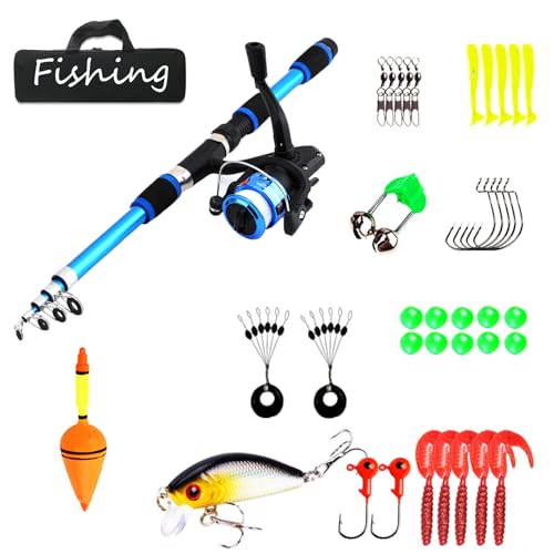 Kinder angelset, Angelrute mit Kohlefaser, Angelrolle, Teleskop Angelruten Rolle und Angel Zubehör für Kinder ab 3 Jahren