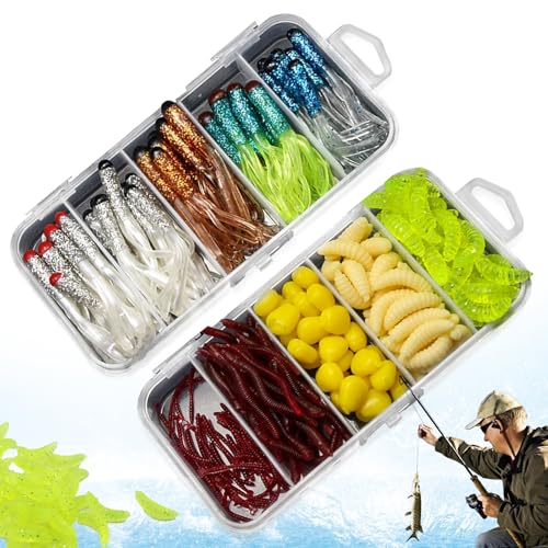 Angel Köder, kunstliche Wurm-Lebensechte Köder für Forellen, Hecht und Zander in einem Set mit 210 Stücken aus Silikon.