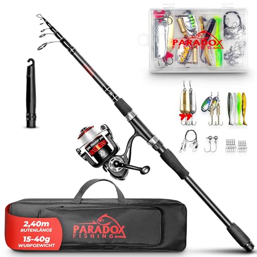 Paradox Fishing Angelruten Set zum Spinnfischen 2,4m Wg. 15-40g - Teleskop-Rute mit Rolle und Angelzubehör für Anfänger und Fortgeschrittene