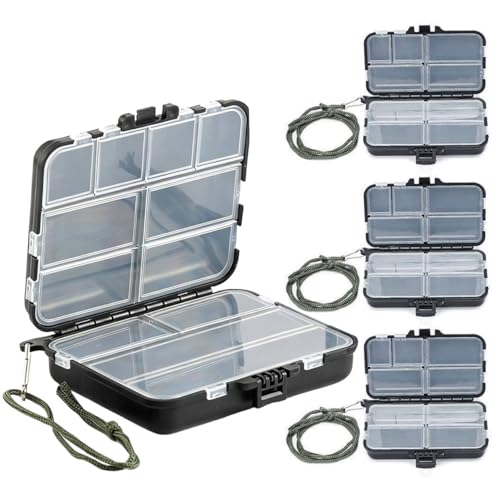 4 Köderboxen für Angeln, mit Doppeltem Fach Tackle Box und 9 bzw. 12 Fächern, inklusive Handseil und verstellbarer Köderboxen für Angelzubehör
