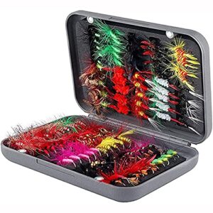 100-teiliges Fliegenfischen-Set mit wasserdichter Box für Forellenangeln, 100 verschiedene Fliegen in verschiedenen Größen und Mustern, ideal für Anfänger und Profis