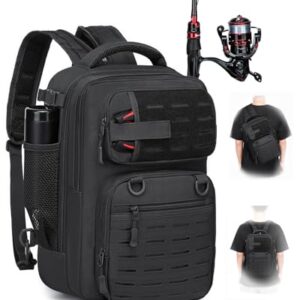Taktischer Angelrucksack mit Rutenhalter und kleiner Angeltasche, ideal für das Wandern oder Angeln. Der BlesMaller 2 in 1 Angelrucksack bietet Platz für alle notwendigen Ausrüstungen.