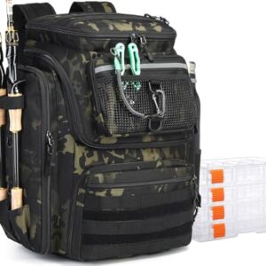 BlesMaller Angelrucksack mit 4 Boxen und Rutenhaltern, großes Wasserdichtes Ausrüstung Rucksack für Angeln Wandern Camping Trekking