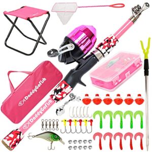 DaddyGoFish Kinder Angelset - Teleskoprute & Rolle Combo mit Klappstuhl, Rutenhalter, Tackle Box, Ködernetz und Tragetasche für Jungen und Mädchen - Rosa, 4ft