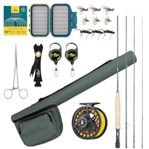 SF Fliegenruten-Kombi-Starter-Set, 4-teilig, 4 WT, 8 FT, Smaragdgrün, 24 Zähne, Karbonfaser, Forellen-Fliegenrute mit Rolle, Rutenetui, Fliegenbox mit Fliegen, konisches Vorfach, Knotenbindewerkzeuge