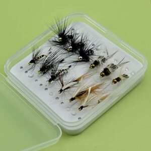 Ein Fly-Fishing-Set, das aus Dry Fliegen, Wet Fliegen und Nymphen besteht. Ein Mini-Fly-Box enthält 12 verschiedene Fliegen in verschiedenen Größen.