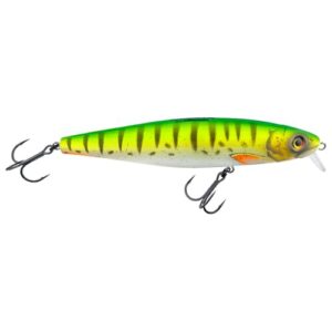 Fischereilure in Form eines Fisches, mit einer attraktiven Musterung aus gelben und grünen Streifen auf weißem Hintergrund, mit zwei Löchern für eine Angelhaakfunktion, 12cm lang und 21g schwer