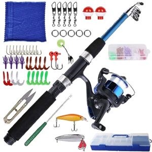 Kinderangelset mit Angelrolle, Köder, Kohlefaser Teleskop Angelrute und Angelschnurrolle. Ein perfektes Geschenk für Kinder und Jugendliche zum Angeln.