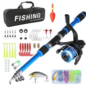 Ein Kinder-Angelset mit einer blauen Teleskopstange und einem Kombi-Kit mit Spincast-Walze, verschiedenen Ködern und Tacklen. Das Set ist für Jungen und Mädchen im Alter von 5-10 Jahren geeignet und enthält alle notwendigen Tools für einen ersten Fang.