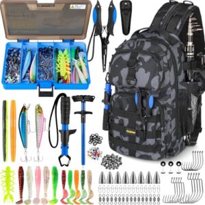 PLUSINNO Angelrucksack mit Angelboxen, wasserdichte Sling-Tackle-Tasche fuer Angelausruestung, Rutenhalter und Fischfanggeraete