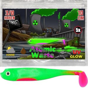 Zander-Köder Gummifisch Set mit 5 Stück Atomic Waste Zandergummifischen, 10cm Länge, hochwertige Gummifische für das perfekte Fangergebnis