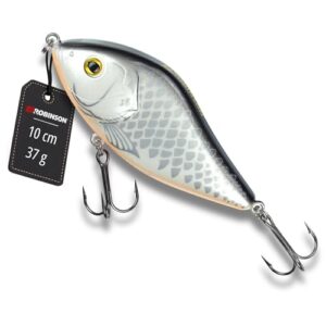 Robinson Angelköder für große Raubfische - Jerkbait Wobbler, Spinning und Trolling geeignet, DREI Tiefenvarianten – Sniper (Weißer Fisch, 100mm - 37g - Schwimmend)