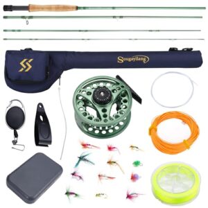 Sougayilang Fliegenfischenrute und Rollen Combo, 4-teilige leichte tragbare Graphit Fliegenrute mit CNC gefertigter Aluminiumrolle, Komplettpaket mit Rutenhülle G5/6