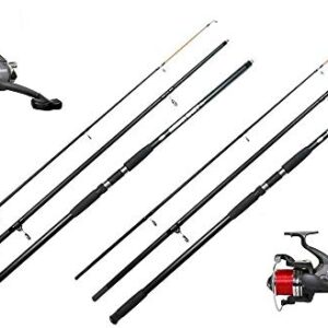 Angelset für Karpfen - Brandungsrute mit Hochseerolle und Hochseeschnur, 4.2 Meter lang, Beidhändig, Spinning, Monofilament, 20 Pfund, 4.1 Gangübersetzung