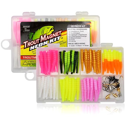 Trout Magnet Angelset - perfekt für Forelle und andere Arten, enthält 70 Wurmlarvenkörper und 12 Haken der Größe 8 in Orange, Grün, Weiß und Silber