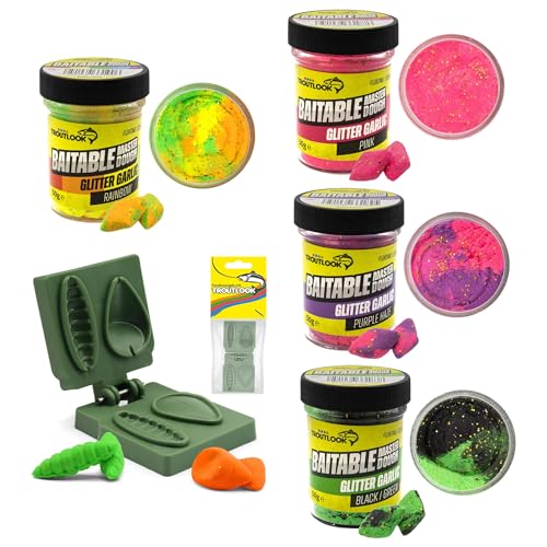 Vier verschiedene Packungen von Forelenködern namens Troutlook Baitable Master Dough Mix. Die Packungen sind gelb, pink und violett mit schwarzem Schriftzug darauf.