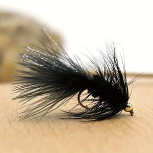 Zwei Woolly Bugger Fliegen für das Forellenfischen, natürliche Färbung und Handbindung, perfekte Trockenfliegen für das Fliegenangeln