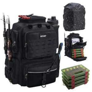 Angelrucksack mit 4 Ködertaschen, 45-Liter Rucksack mit Zwei Rutenhaltern und Regenschutz, Wasserabweisende Angelgerätetasche mit verstellbarem Fach für Männer und Frauen