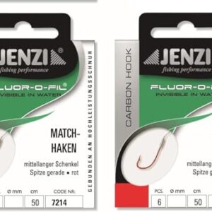 Zwei Pakete JENZI gebundene Matchhaken Angelhaken (12 Stück) an Fluor Carbon Vorfach 50cm Hakengröße 12, 14, 16 & 18 + gratis Petri Heil Aufkleber