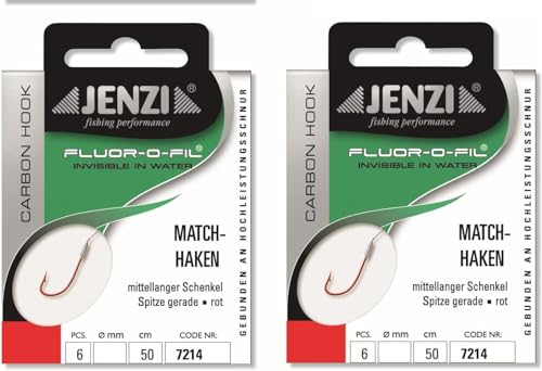 Zwei Pakete JENZI gebundene Matchhaken Angelhaken (12 Stück) an Fluor Carbon Vorfach 50cm Hakengröße 12, 14, 16 & 18 + gratis Petri Heil Aufkleber