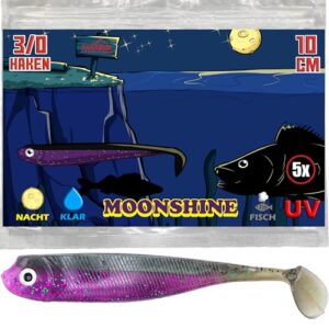 5-Stück Set mit hochwertigen Moonshine Zandergummifischen 10cm für erfolgreichen Zanderfang bei Nacht, Gummifische mit weicher aber robuster Gummimischung und langanhaltendem Fischgeruch