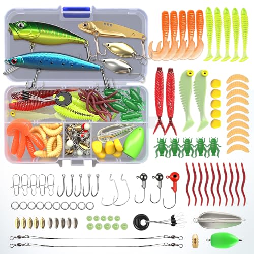 Ein hochwertiges Köder- und Angelzubehör-Set von VEYCVLA, ideal zum Fischen in Süß- oder Salzwasser. Das Set enthält ein 100-teiliges Köderset sowie eine tragbare Werkzeugbox.