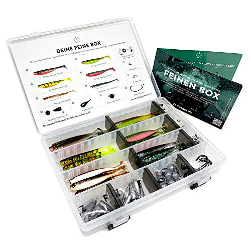 Finesse-Angelset für Zander und Barsch - Gummiköder Set mit 30 Gummifischen, Offset-Haken & Box