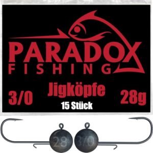 Fangkampf-Perfektion - Paradox-Fishing-Jigkopfe-Set mit 15 hochwertigen Jig-Köpfen im Gewicht von 28g und der Größe 3/0, ideal für Fang von Barsch, Hecht und Zander.