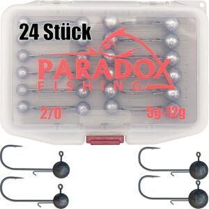 Jig Köpfe für Gummifische, Zander und Barsch, Angelzubehör, Paradox Fishing Jigköpfe Set 2/0 24x I je 6X 5g/7g/10g/12g