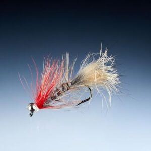 Fischerei-Fliese, Flugzeug-ähnliche Form mit weißen und roten Federn in einer natürlichen Umgebung.