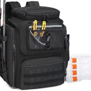 Wasserabweisender Angelrucksack mit 10 Taschen und Lagerbereichen für Angeln, Camping und Outdoor-Aktivitäten.