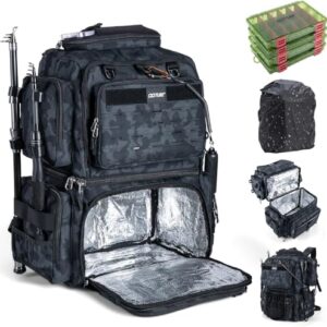 Professioneller Angelrucksack mit 4 Köderboxen, 53-Liter Fassungsvermögen und Regenschutz für den Angler